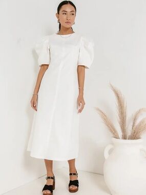 White Midi Denim Dress with Puff Sleeves